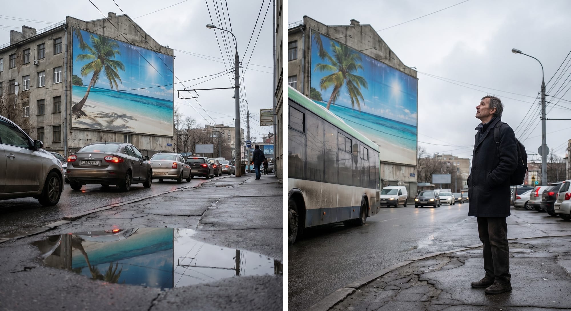 Man in zwarte jas staart naar groot reclamepaneel met tropisch strand op grauwe Russische straat met verkeer.