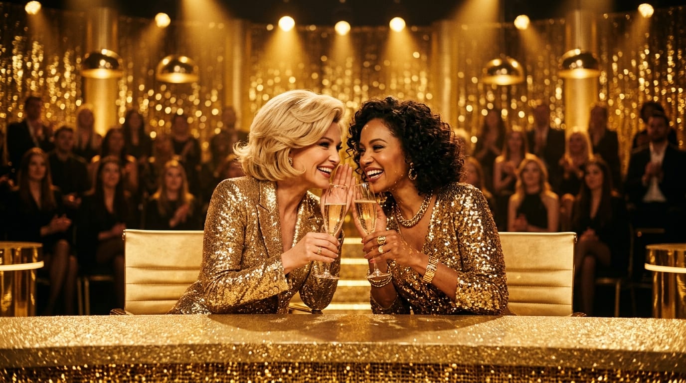 Vrouw in donker pak met gouden manchet en envelop, gehuld in warm goudgeel licht.