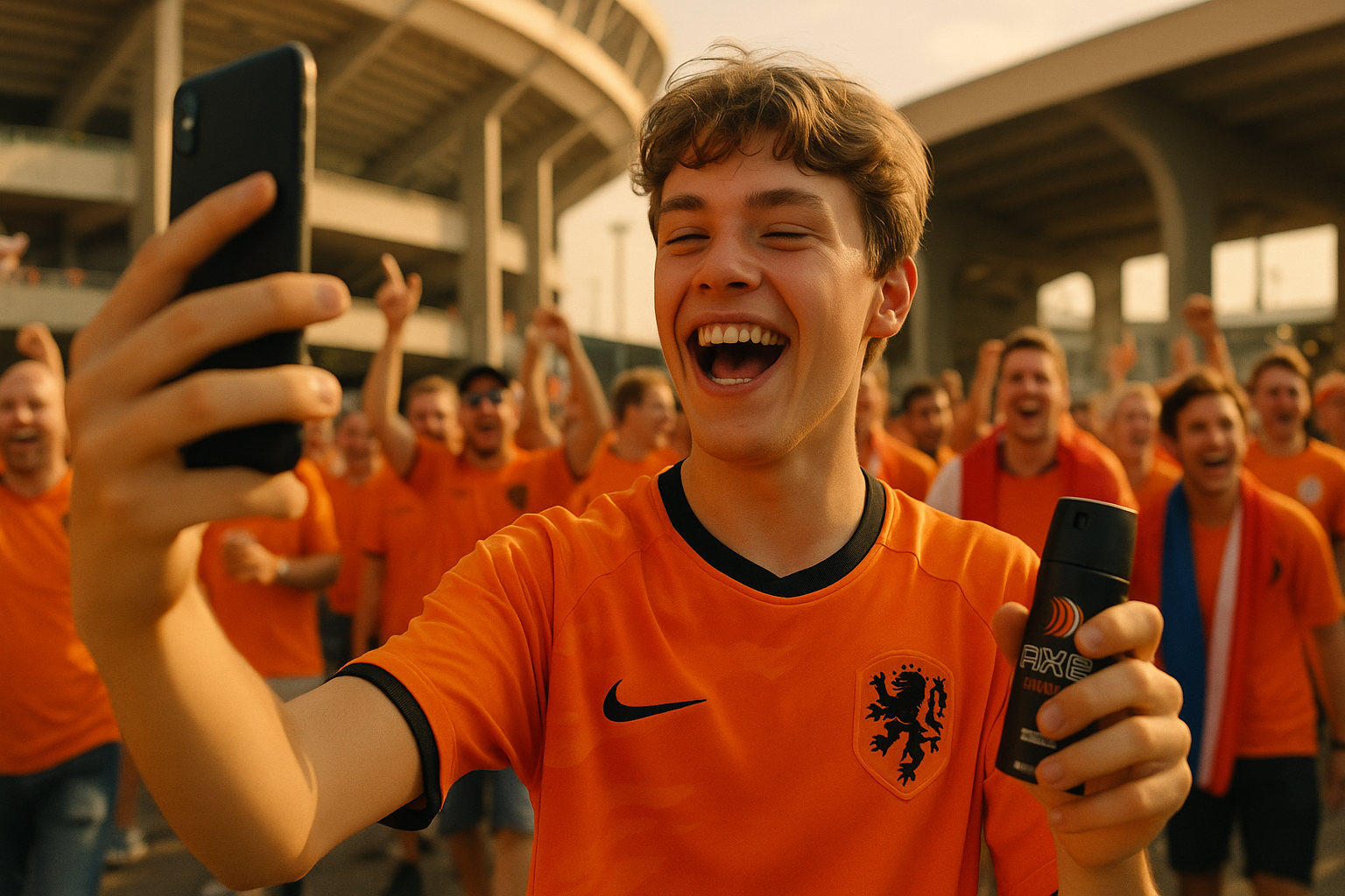 Jonge vlogger met Axe in WK-stadion sfeer, oranje fans op de achtergrond