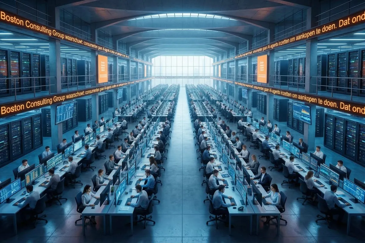 Honderden mensen aan bureaus met schermen in een enorme, symmetrische hal met arched plafond en dataservers