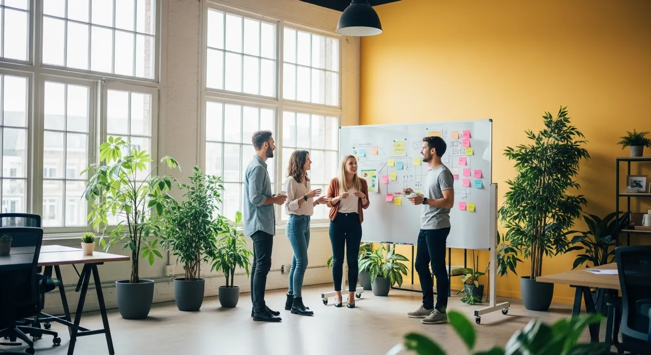 Creatief bureau-team in levendig gesprek bij whiteboard