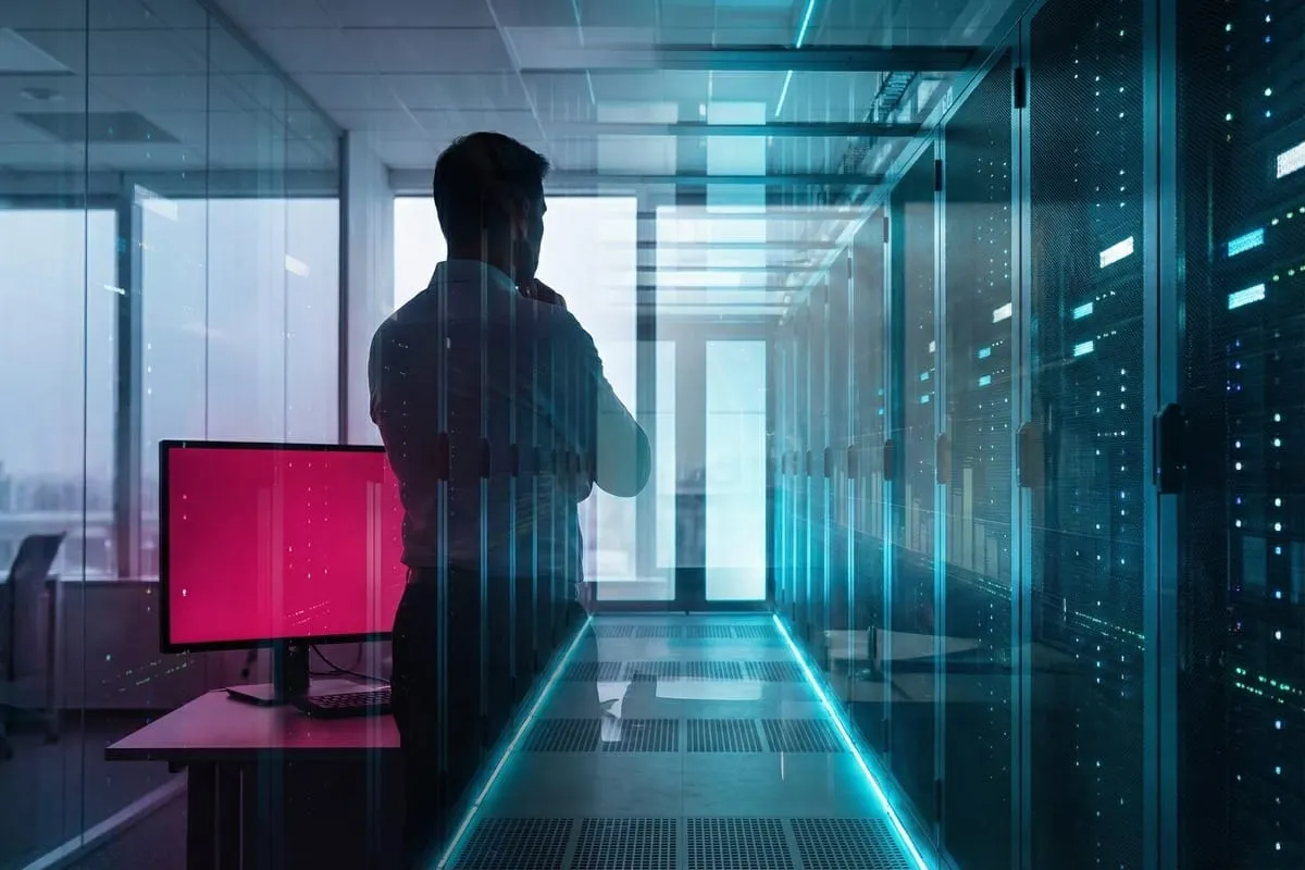 Man in pak kijkt naar servergang met blauw licht, rode monitor op voorgrond, glazen wanden