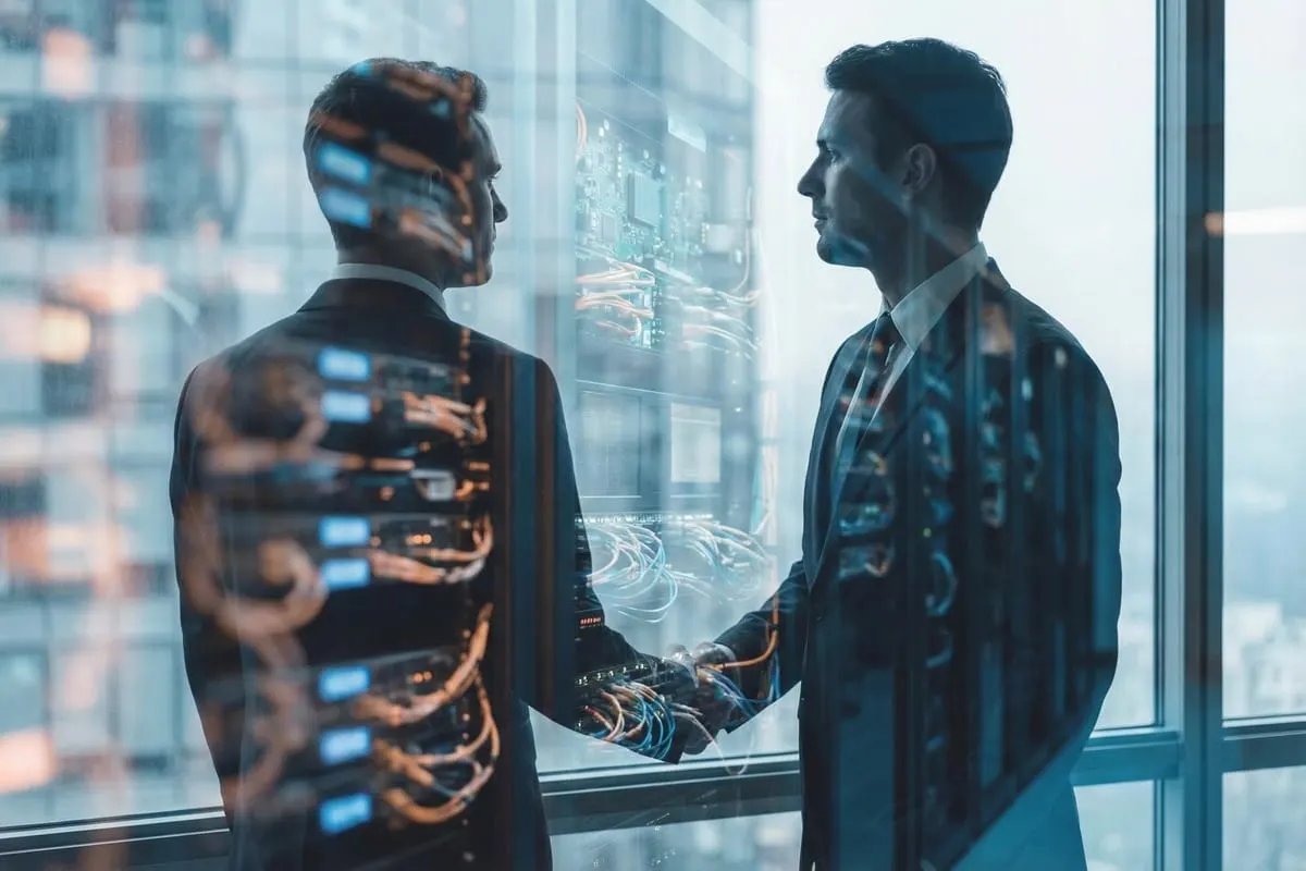 Twee zakenlieden in pak kijken elkaar aan, met projecties van circuit boards en digitale lijnen over hun silhouetten.