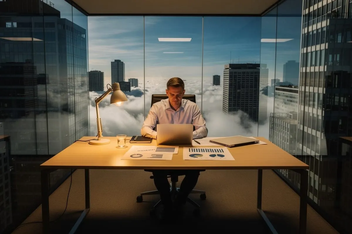 Man in wit overhemd werkt achter laptop aan bureau met grafieken, hoog kantoor met glazen wand en stadsgezicht in mist