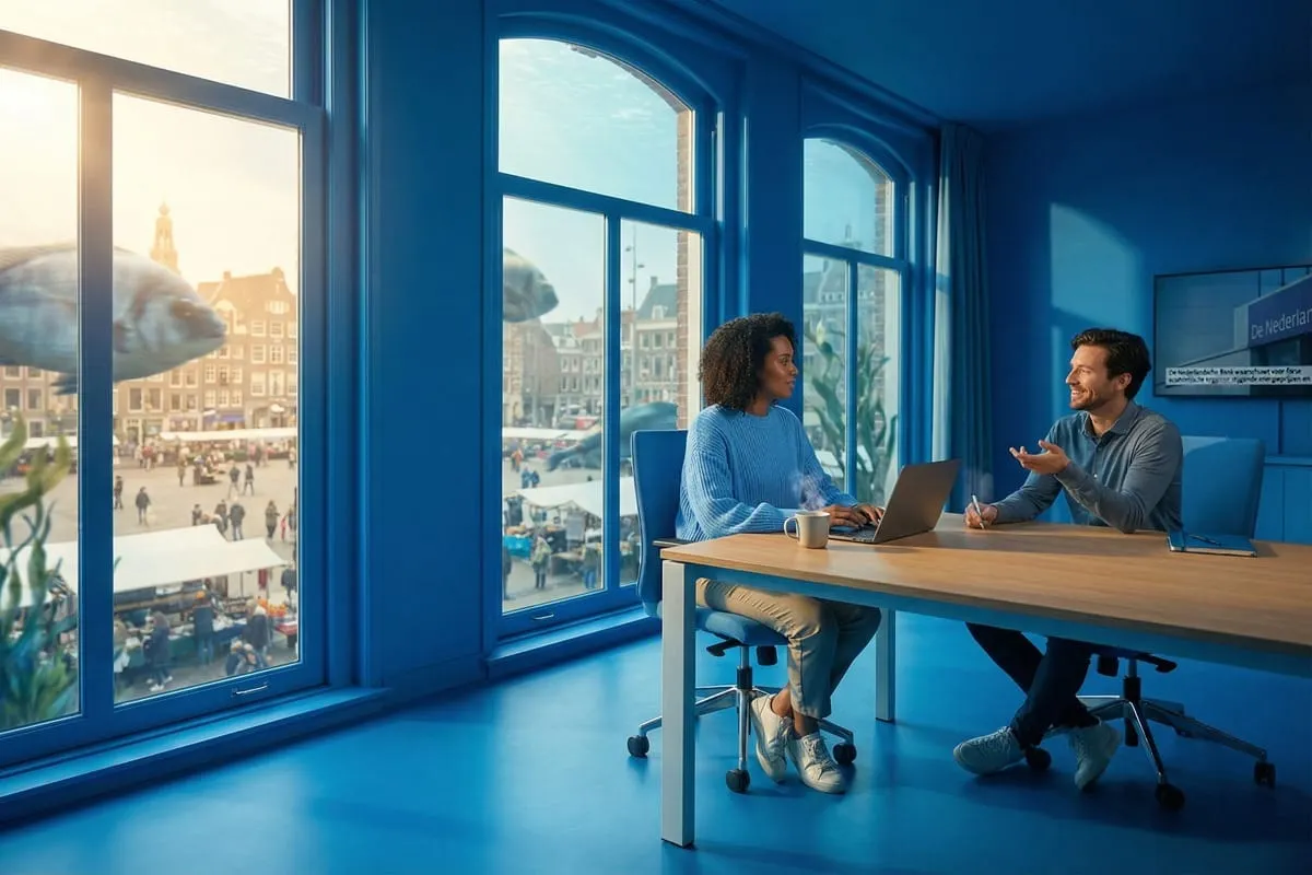 Twee professionals in gesprek aan tafel in modern blauw kantoor met grote ramen en stadsuitzicht