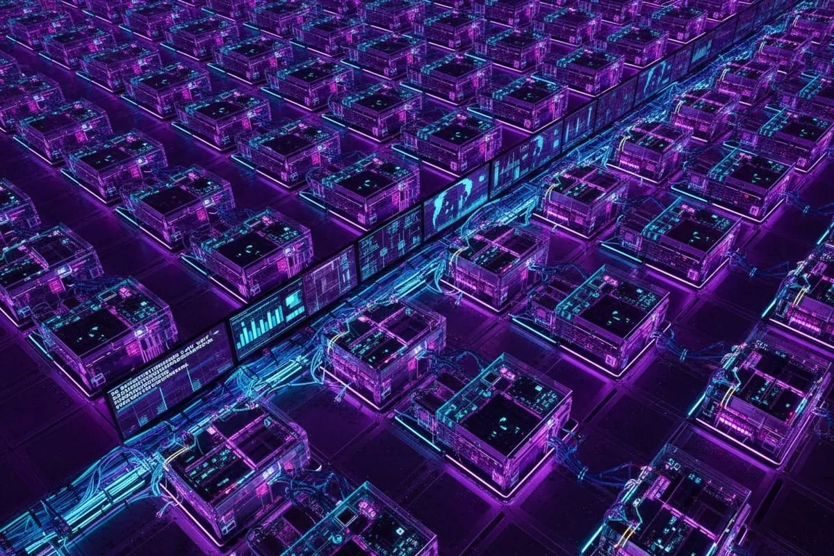 3D-visualisatie van een futuristische stad in neon paars en cyaan met verlichte gebouwen en datastromen