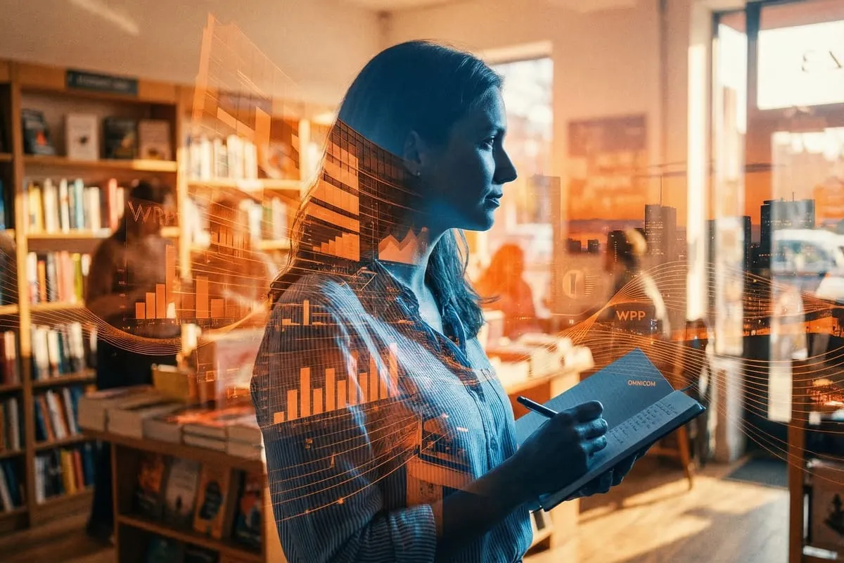 Vrouw met tablet in bibliotheek, geprojecteerde datavisualisaties en grafieken over haar silhouet, oranje en blauwe tinten