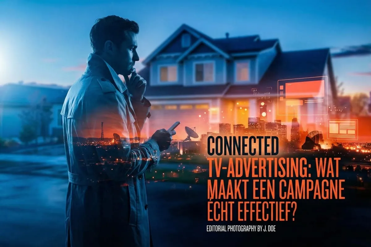 Man met telefoon voor verlicht huis, overlay met stadsgezicht, satellietschotels en schermen in blauw-oranje tinten