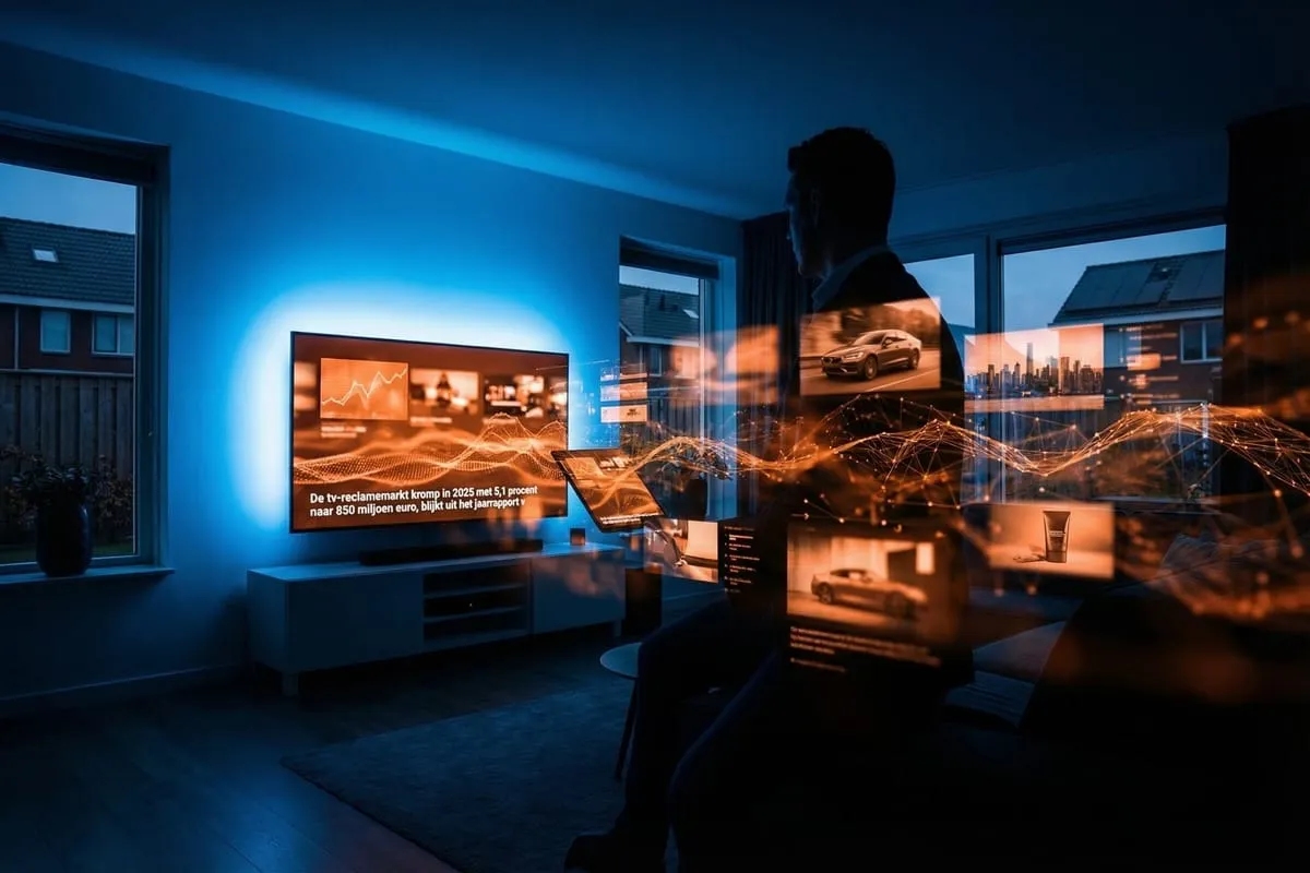 Man in blauwe woonkamer kijkt naar tv met grafiek, omringd door zwevende digitale schermen en datavisualisaties