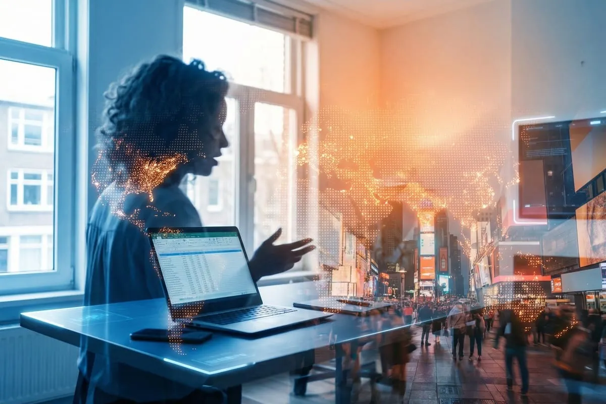 Vrouw met laptop in kantoor, overlappend beeld van verlichte wereldkaart en drukke stadsstraat met voetgangers