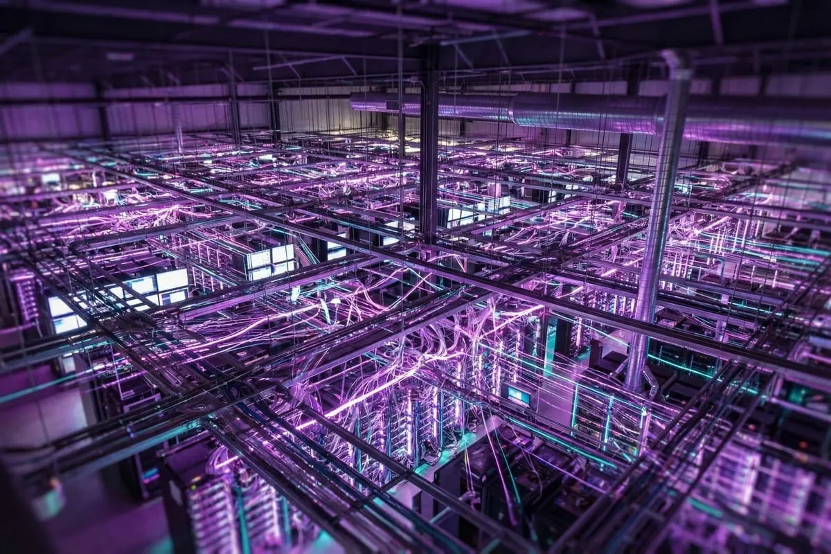 Futuristisch paars en blauw verlichte serverruimte met complexe infrastructuur en kabels in een datacenter