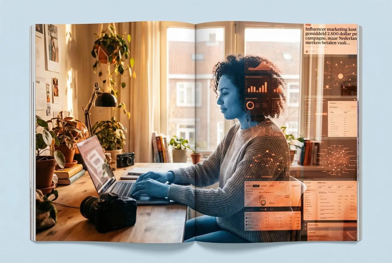 Persoon met tablet in plantrijke kamer, dubbele belichting met stadsgezicht en oranje dashboard-overlay