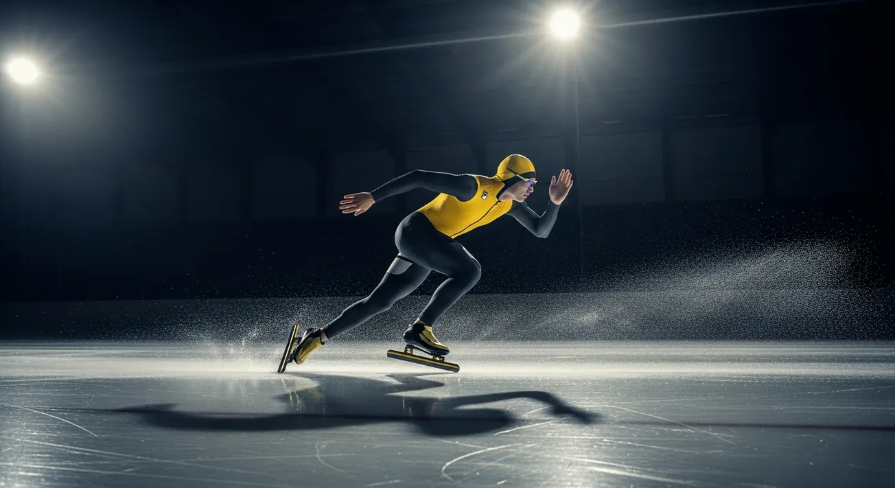 Schaatser in geel-zwart pak sprint op vol tempo over het ijs