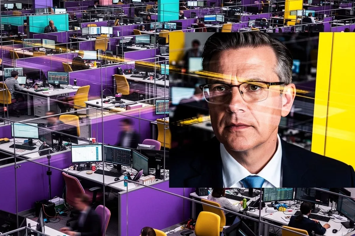 Zakenman met bril in modern kantoor met paarse, gele en turquoise werkplekken en werknemers achter computerschermen