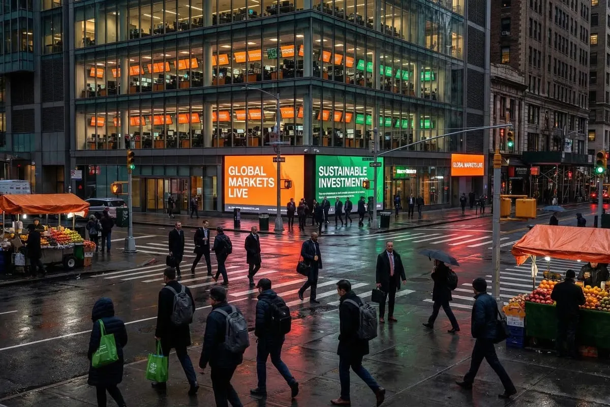 Drukke stadsstraat met voetgangers bij zebrapad, moderne glazen kantoorgebouwen met oranje en groene verlichte schermen, fruitkramen.