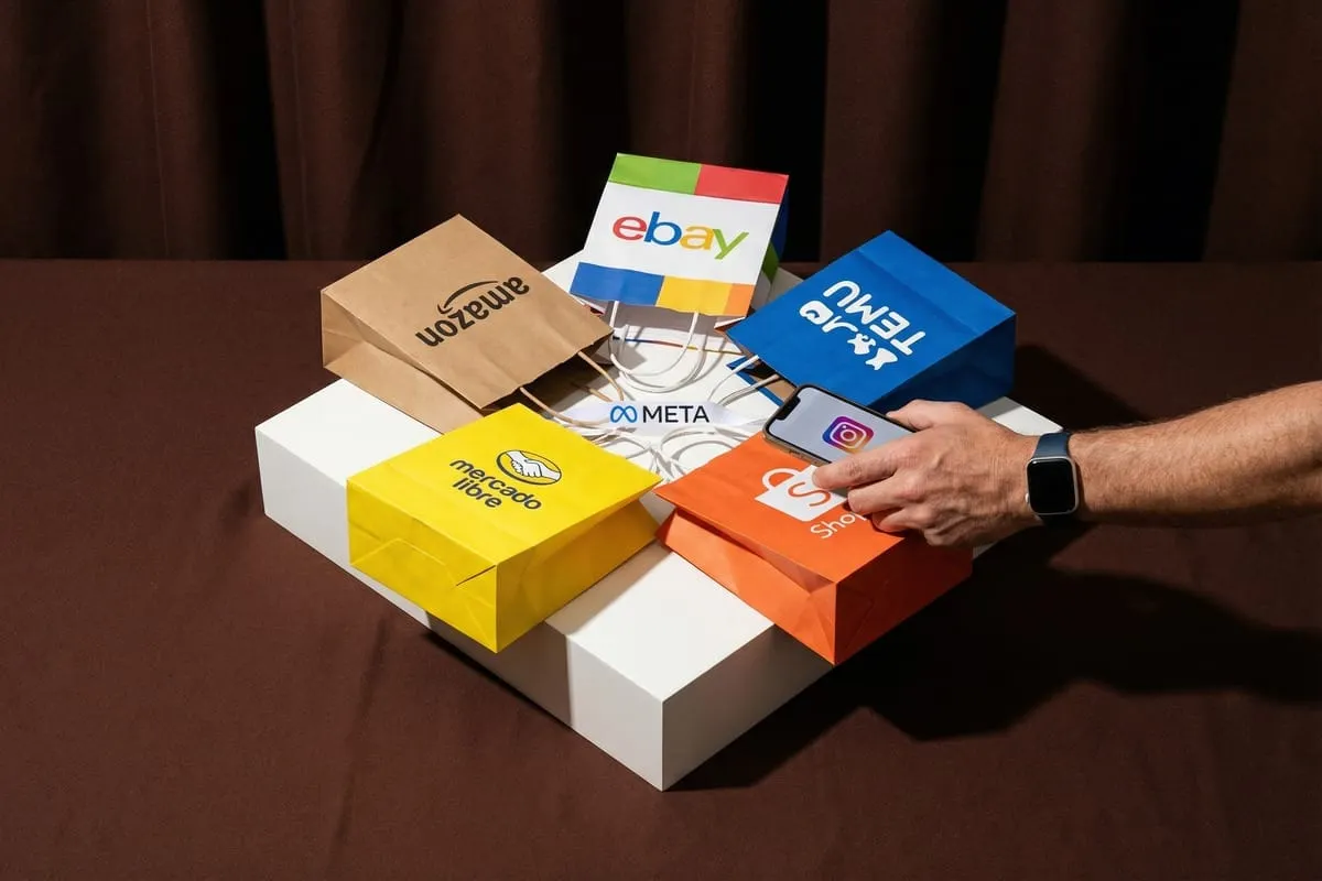 Hand met smartwatch raakt oranje pakketdoos aan, omringd door kleurrijke dozen met logo's van Amazon, eBay, Meta en Instagram.