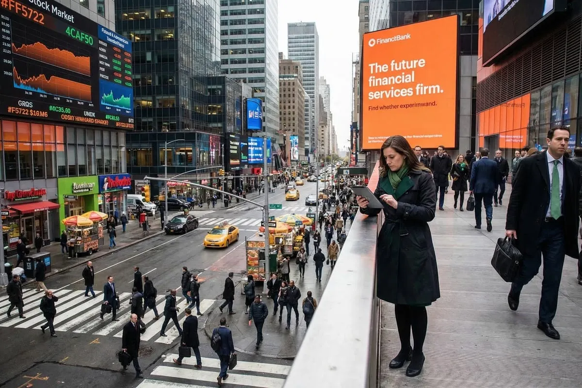 Vrouw in donkere jas bekijkt tablet op druk voetgangersplatform boven straat met digitale reclameschermen in financieel district