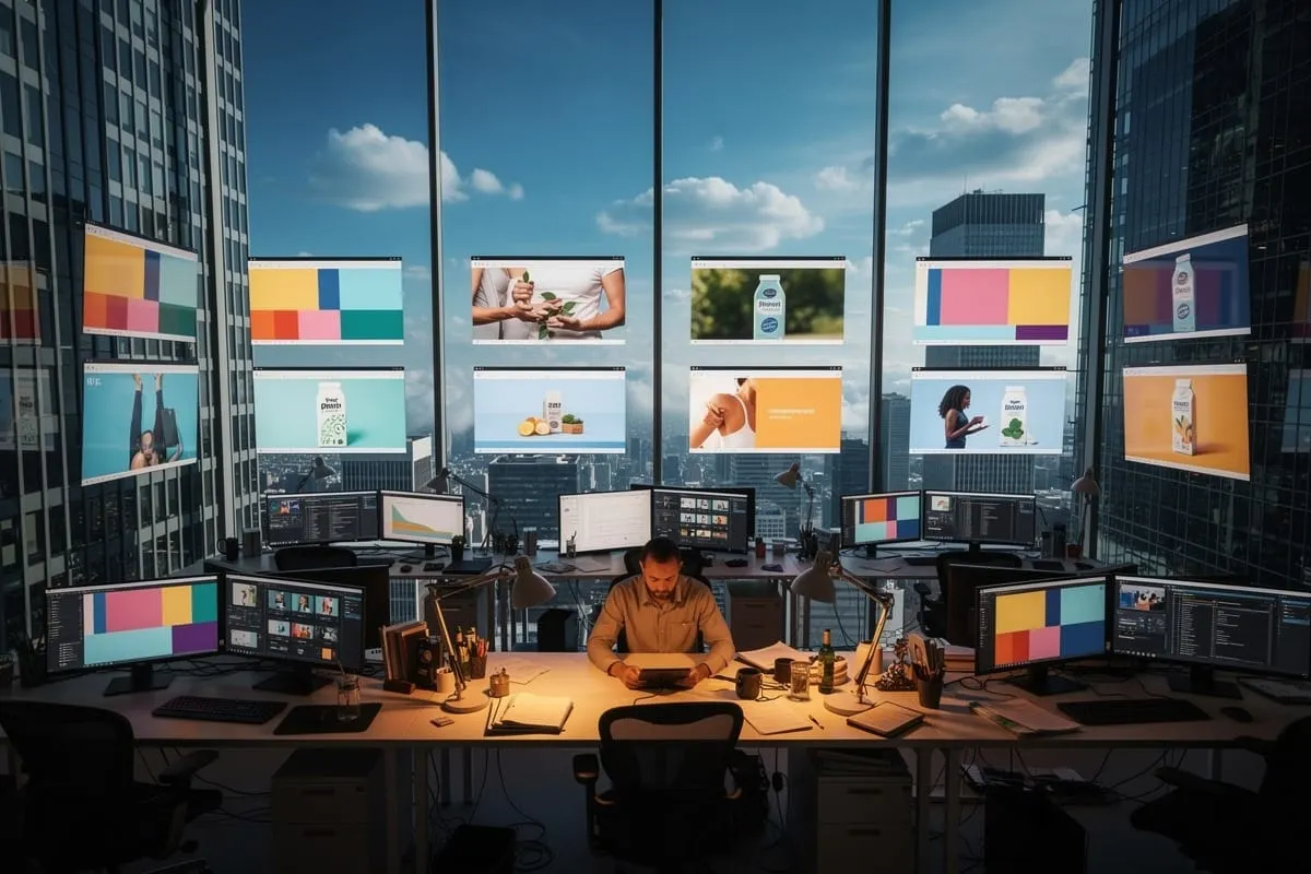 Designer werkt aan bureau omringd door monitors met kleurrijke advertentie-ontwerpen, wolkenkrabbers op achtergrond