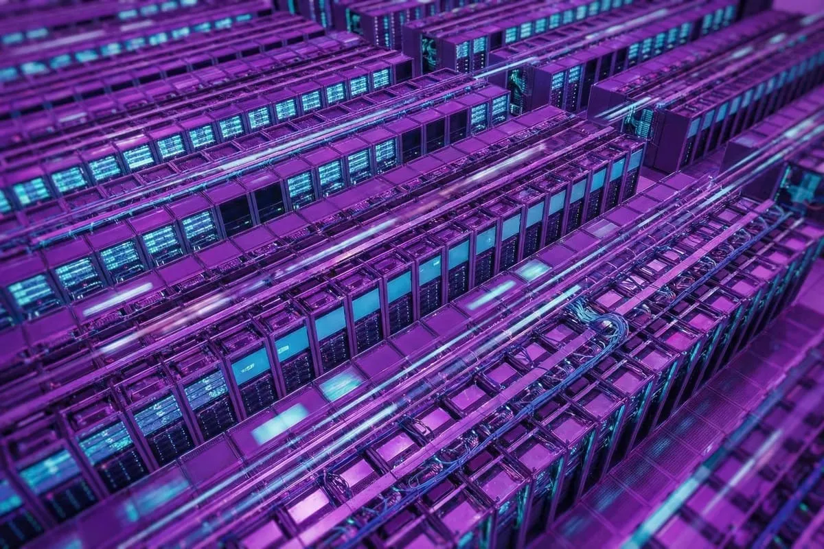 Rijen serverschappen met paarse behuizing en cyaanblauwe schermen in een datacenter onder kunstmatige verlichting