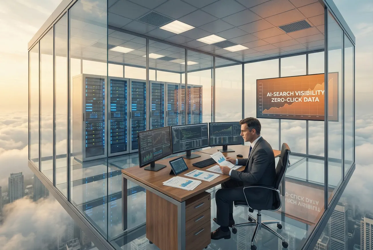 Man in pak werkt aan bureau met meerdere monitoren in blauwe serverruimte met grote ramen