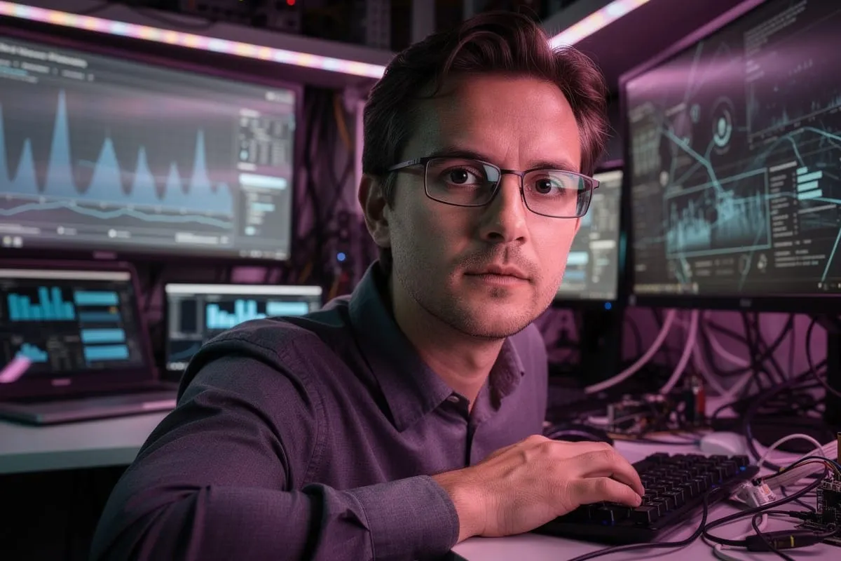 Man met bril achter bureau met meerdere computerschermen met grafieken en data in paars-blauw licht