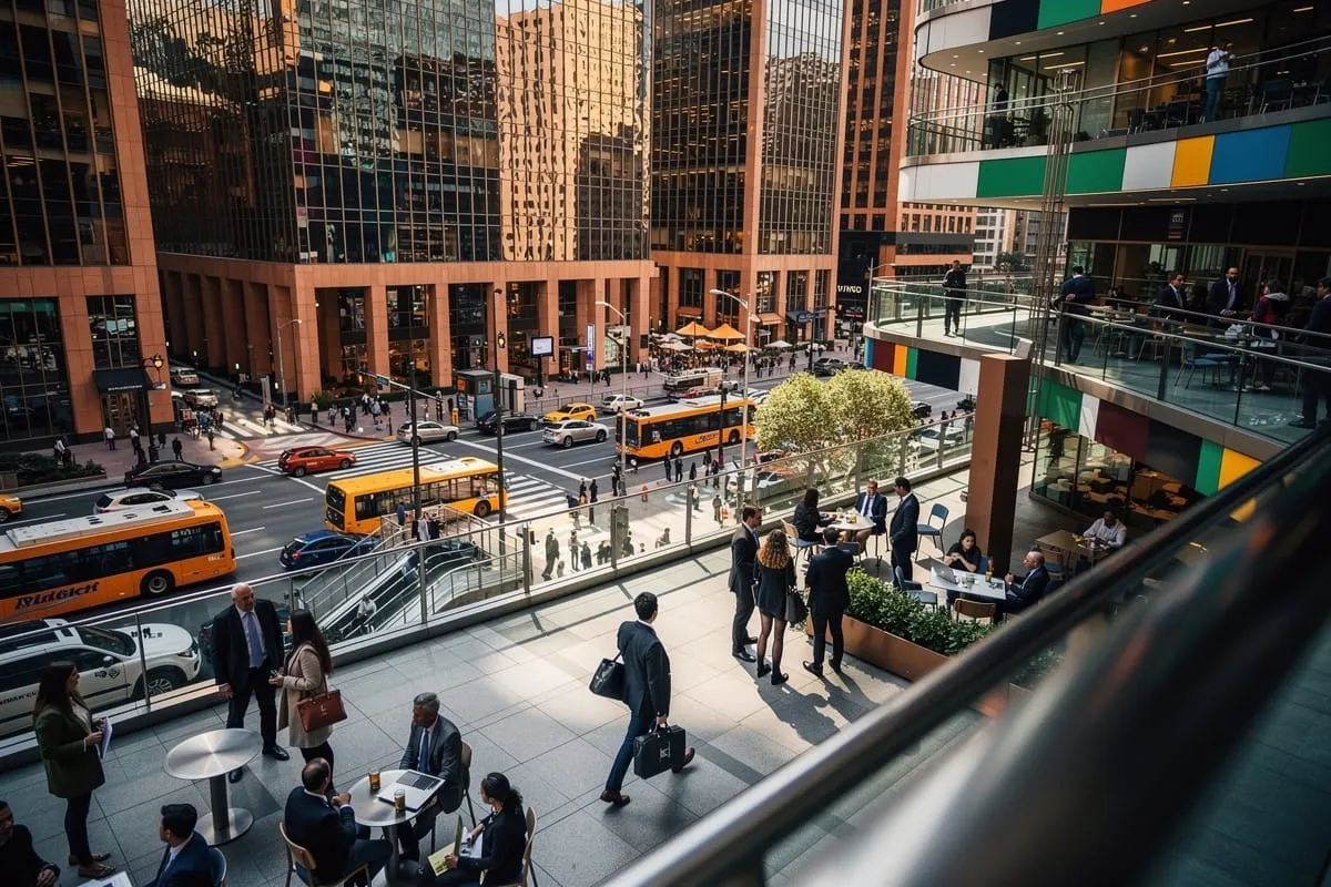 Modern kantoorgebouw met open atrium, zakenmensen in gesprek, oranje bussen op straat buiten, groene kleuraccenten