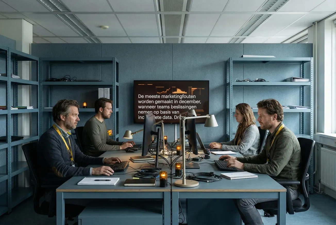 Man aan bureau met meerdere monitoren, hoofd omringd door digitale hologrammen in roze en blauw licht