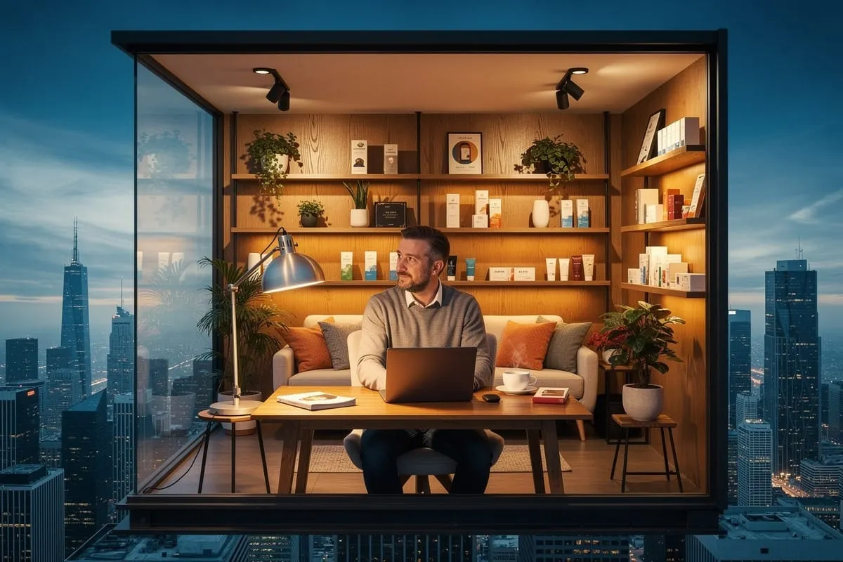 Man met laptop in modern glazen kantoor met houten interieur en stadsgezicht bij avond