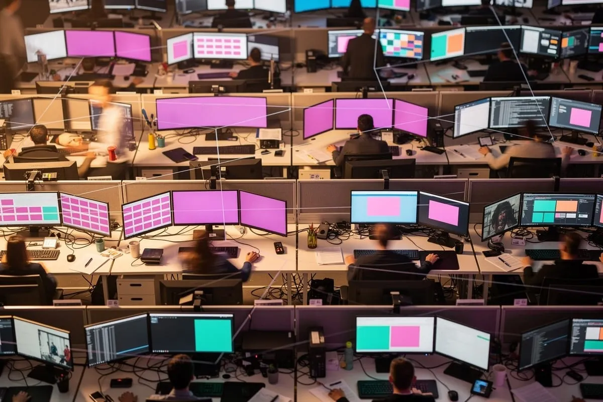 Open kantoorruimte met werknemers aan bureaus met meerdere beeldschermen in roze, blauw en oranje kleuren.