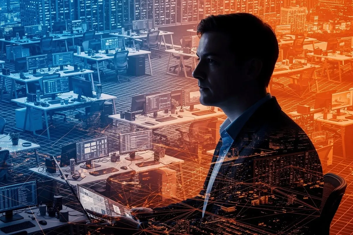 Silhouet van man in pak kijkt naar kantooromgeving met werkplekken en beeldschermen, blauw-oranje kleurfilter