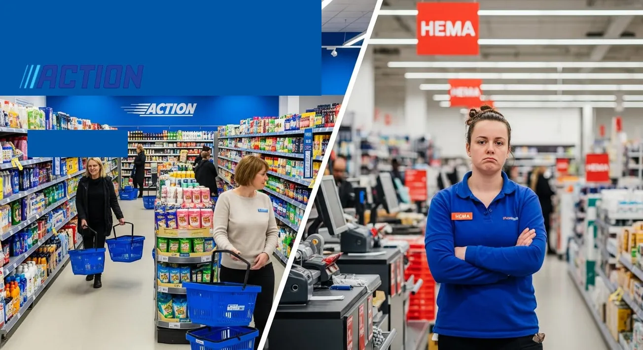 Blije klanten in Action-winkel met blauw logo tegenover een zuur kijkende HEMA-medewerker