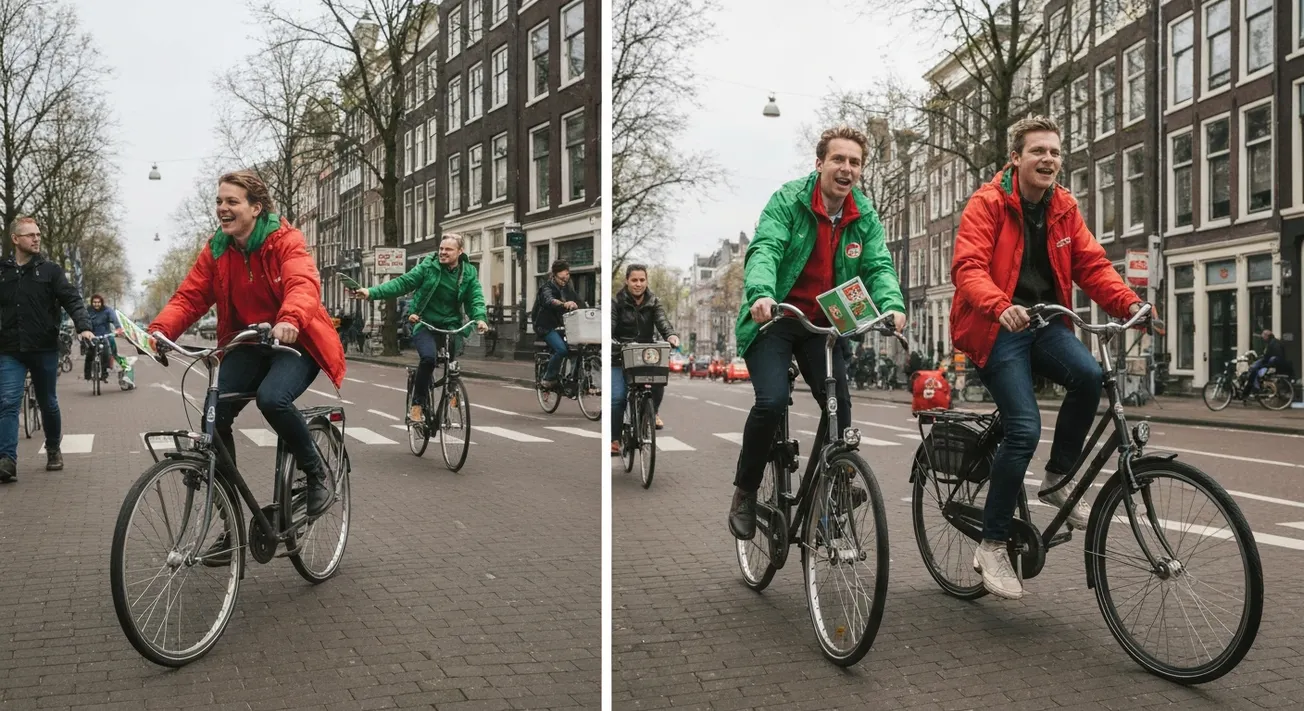 GroenLinks-PvdA campagnemedewerkers delen flyers uit op straat tijdens de verkiezingscampagne