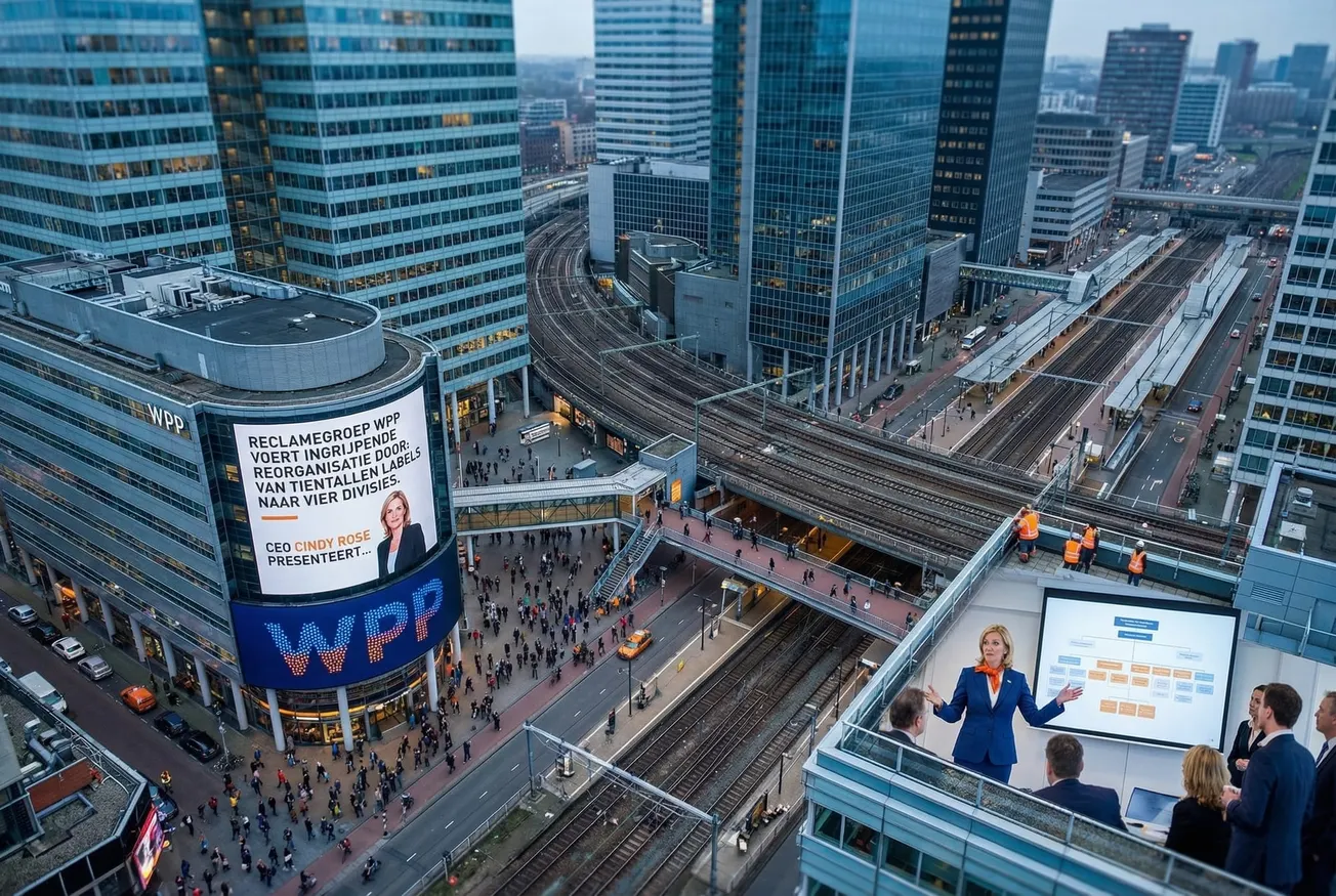 Modern kantoorcomplex met glazen gebouwen, zebrapad en bewegende mensen. Blauwe digitale borden tonen 'WPP: FOUR DIVISIONS' en 'GLOBAL TRANSFORMATION'.