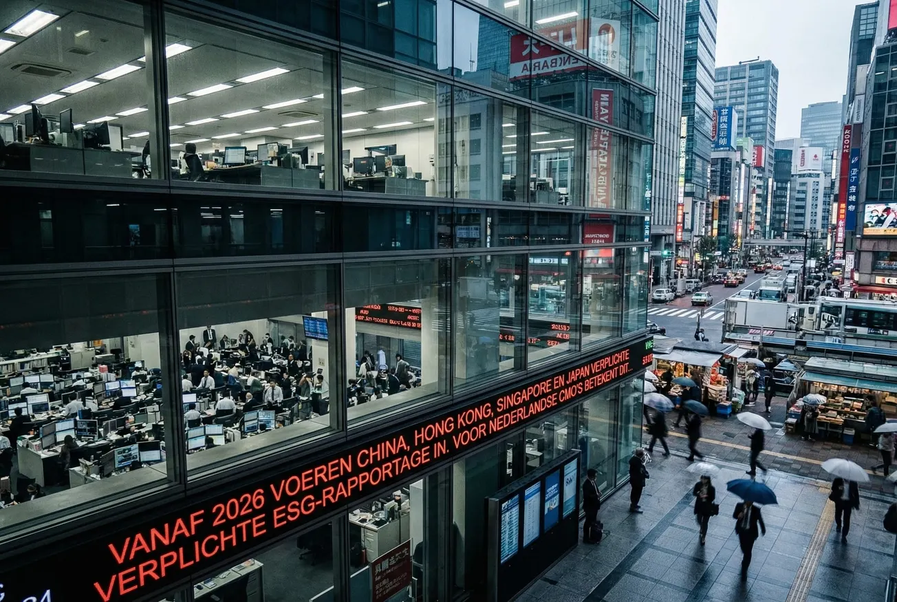 Zakenman in donker pak met documenten tegen rood-gele achtergrond