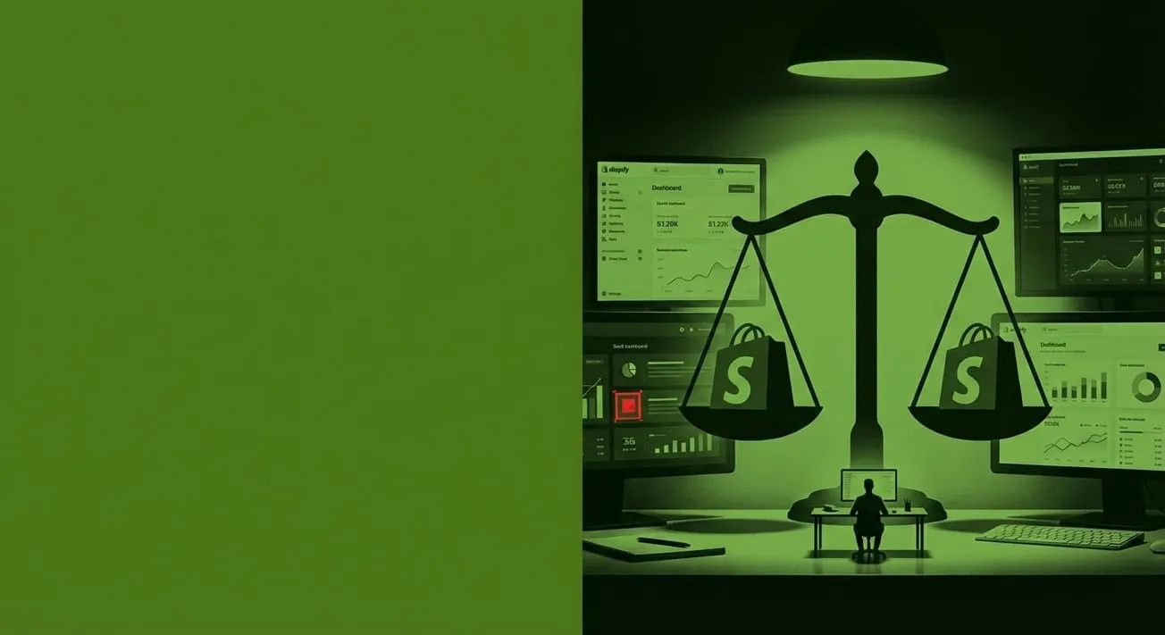 Marketeer overloopt Shopify dashboard op laptop tussen collega's