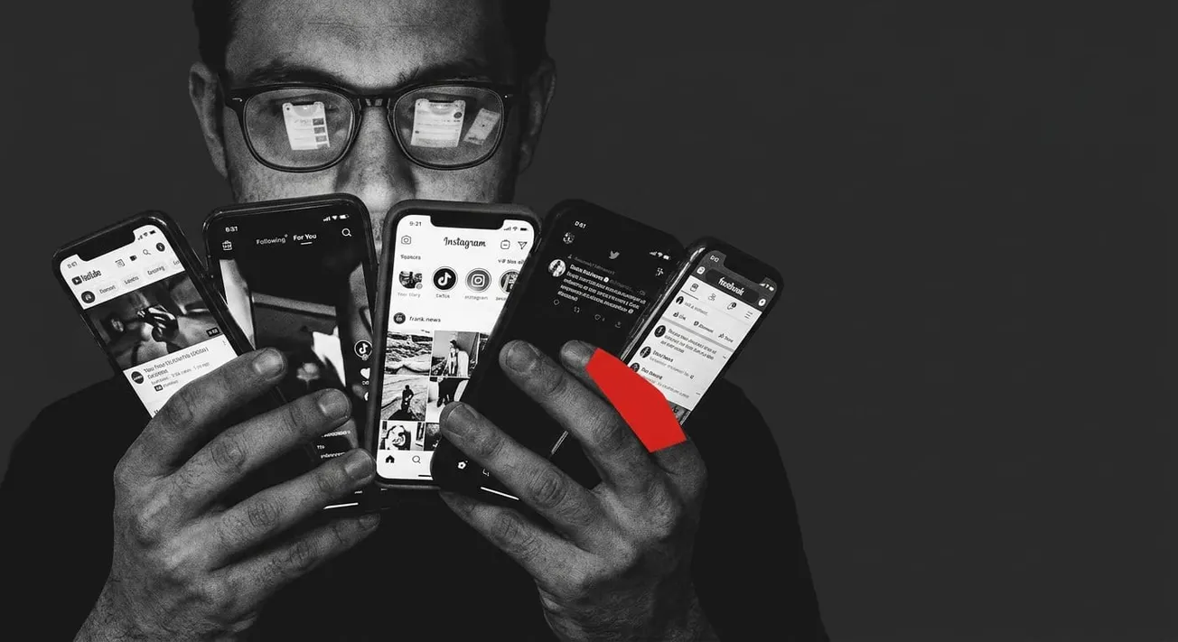 Desktop met social media analytics terwijl doelgroep mobiel scrolt