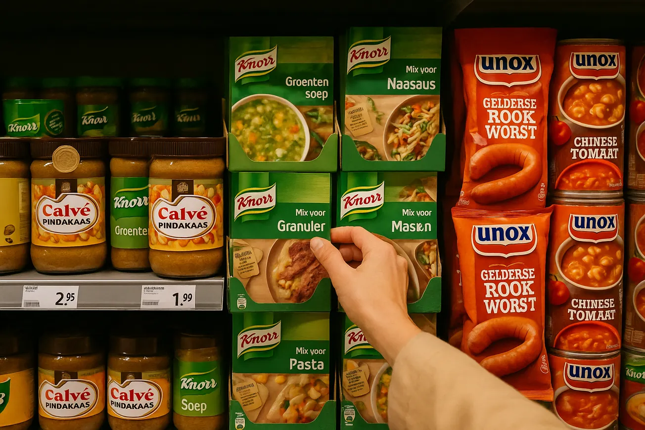 Man achter toonbank met Calvé en Knorr producten in warme verlichte ruimte met uitzicht op stad