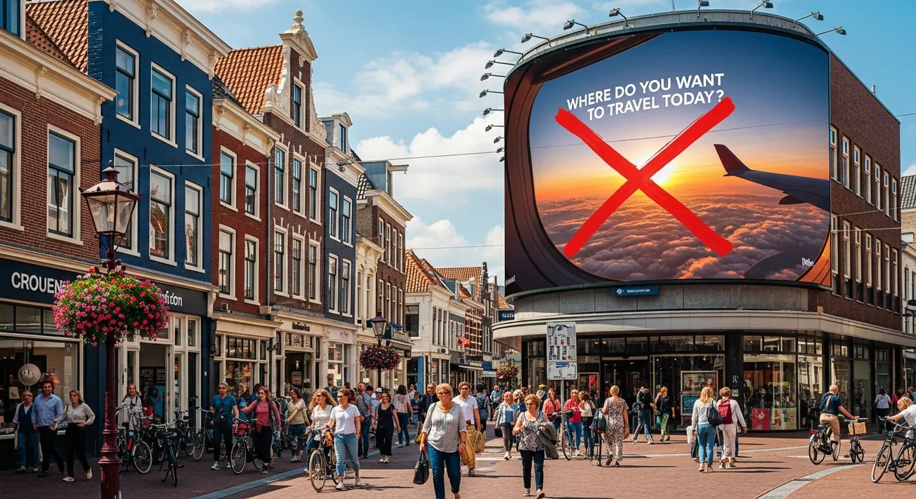 Groot digital scherm op modern gebouw toont Shell-tankstation met rode grafische overlay, voetgangers op plein beneden