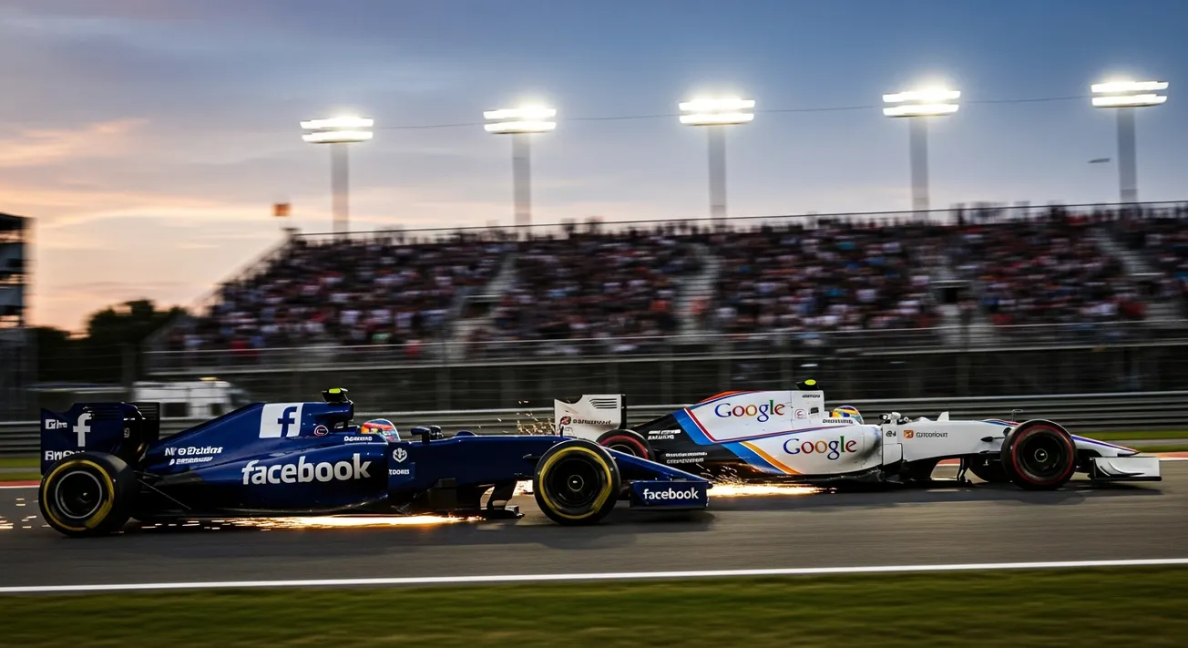Man in bruin jasje kijkt naar smartphone aan bureau met laptop, documenten en lampen, wolkenkrabber achtergrond