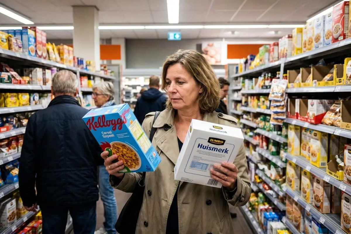 Vrouw in supermarkt vergelijkt Kellogg's cornflakes met Jumbo Huismerk-verpakking in gangpad met andere klanten