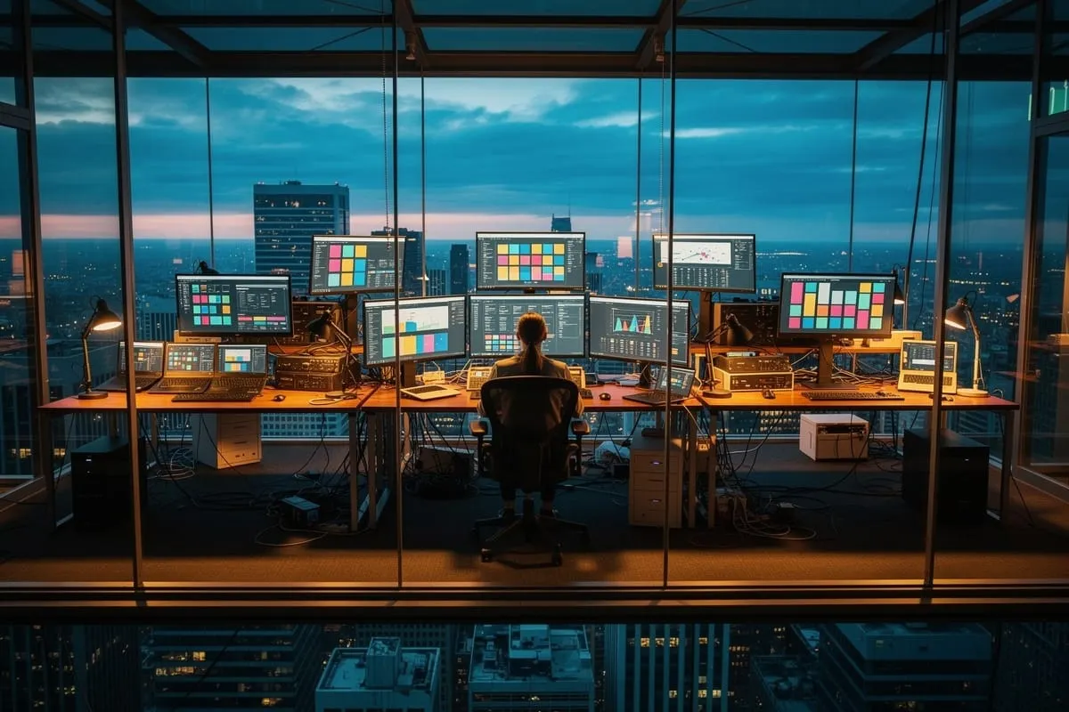 Persoon achter bureau met vele computerschermen voor panoramisch raam met stadsgezicht bij schemering, warme bureauverlichting