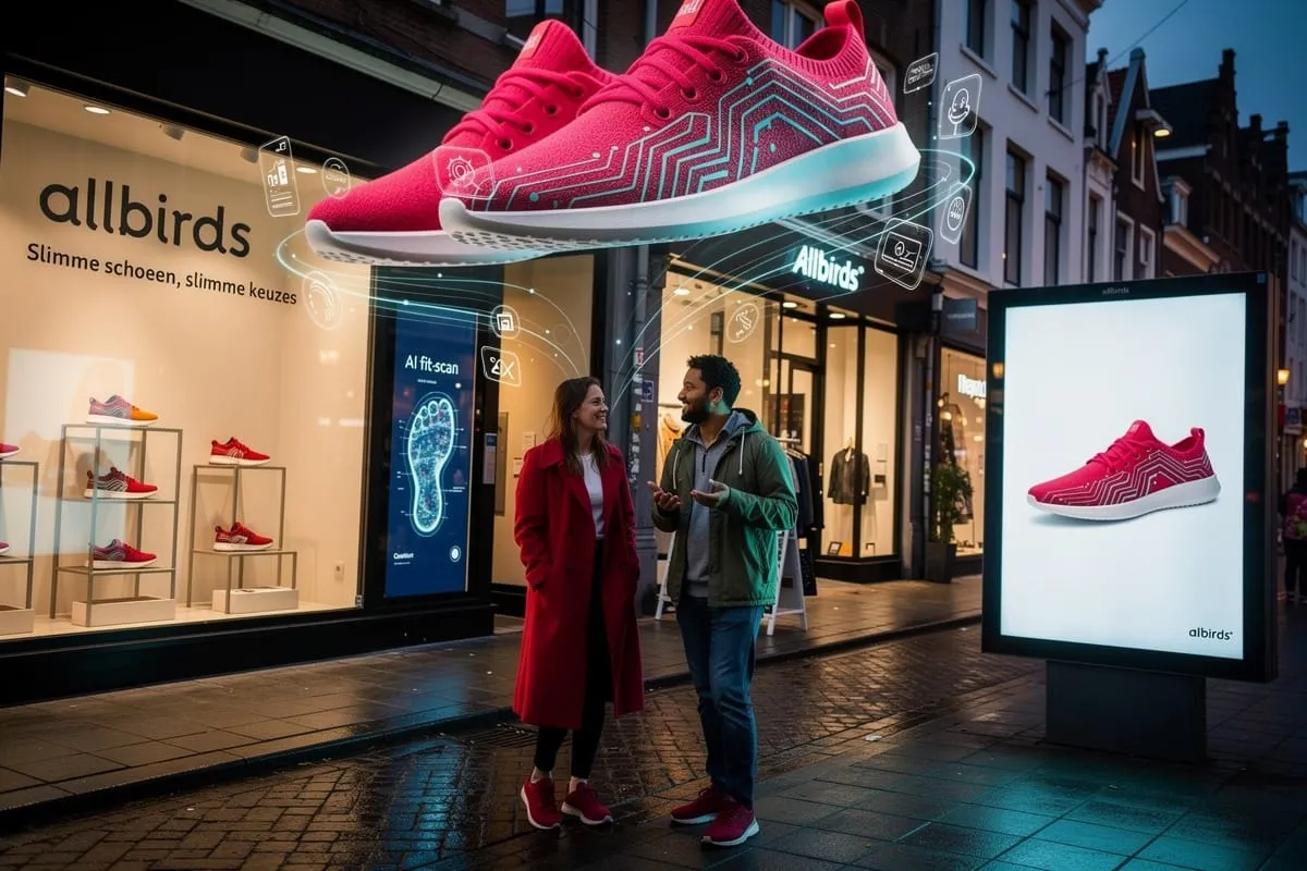 Twee personen in rode kledij staan 's avonds voor een Allbirds winkel met digitale schermweergave van rode sneakers