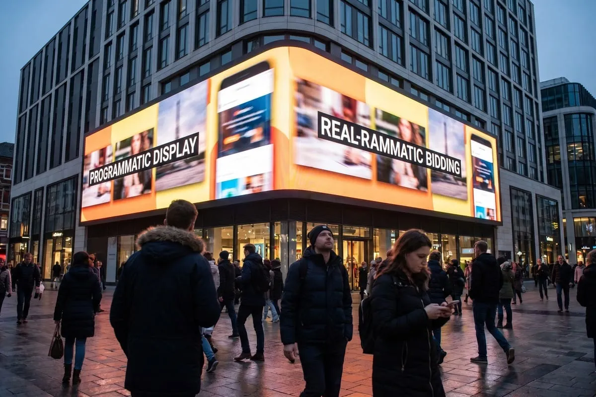 Groot digital display op gebouw toont 'Programmatic Display' en 'Real-Rammatic Bidding' teksten, voetgangers lopen voorbij bij schemering