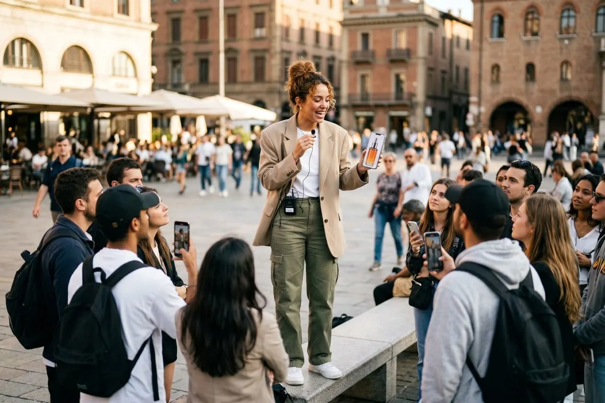 Jonge vrouw met microfoon en smartphone spreekt tot groep luisteraars op openbaar plein in Europese stad