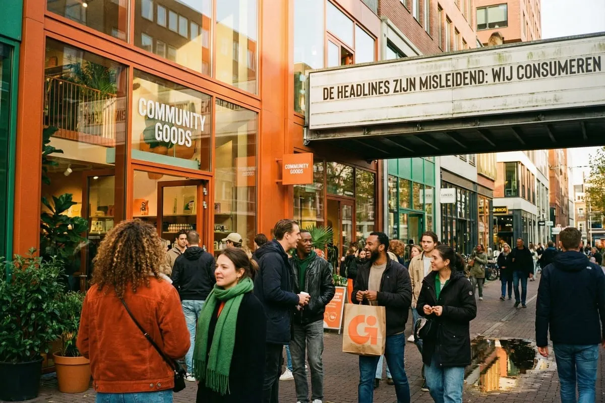 Drukke winkelstraat met mensen voor Community Goods-winkel, oranje gevels, Nederlandse reclameboodschap over misleidende headlines zichtbaar