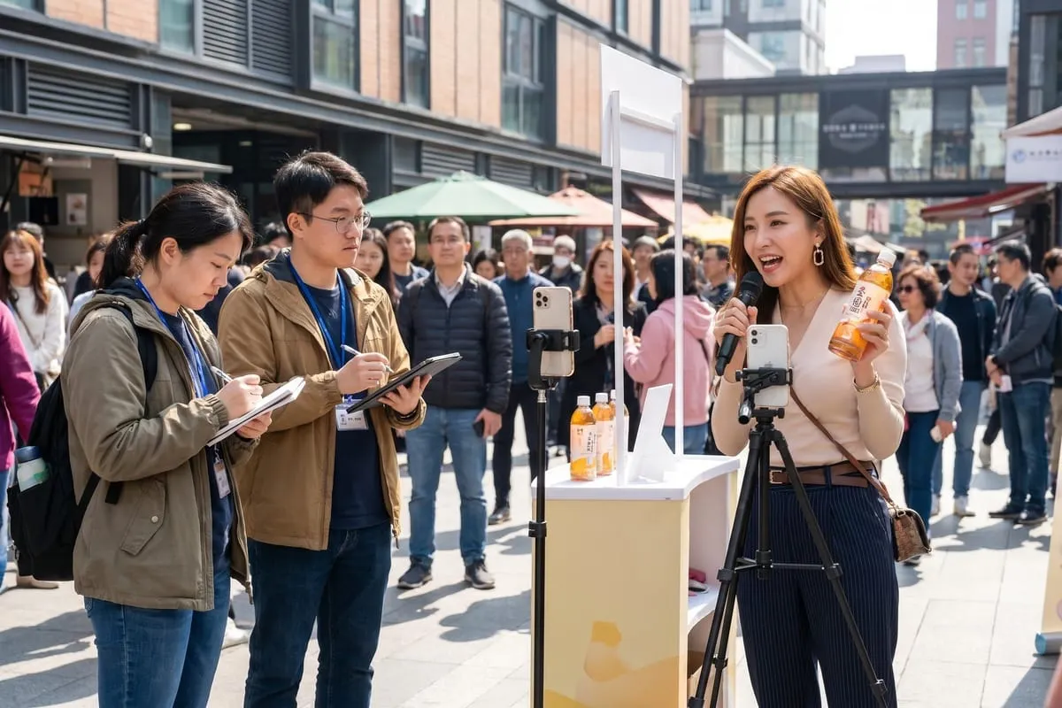 Vrouw presenteert drankproduct voor camera aan publiek op straat, twee personen maken aantekeningen