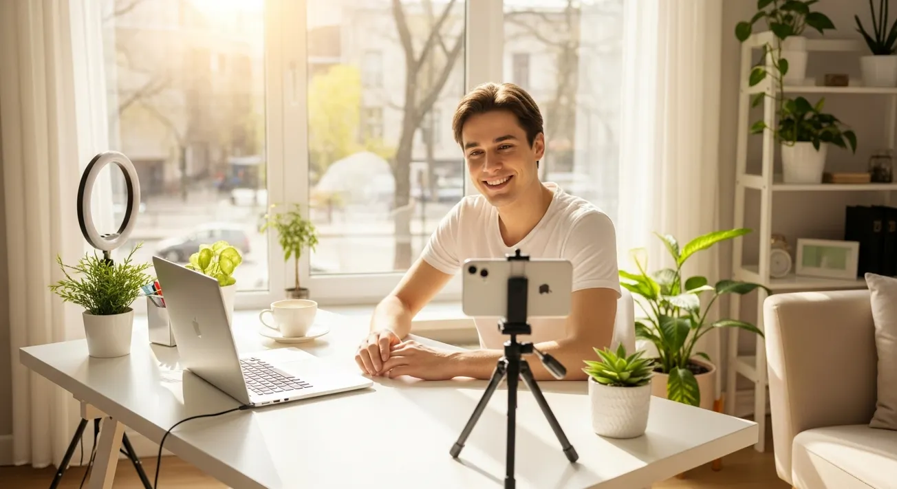 Jonge creator filmt zichzelf op een zonnige werkplek met smartphone en statief