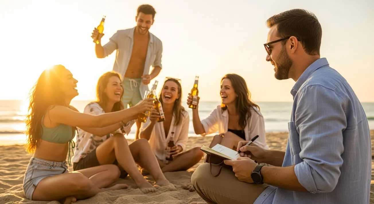 Jongeren drinken bier op het strand terwijl een reclamemaker aantekeningen maakt