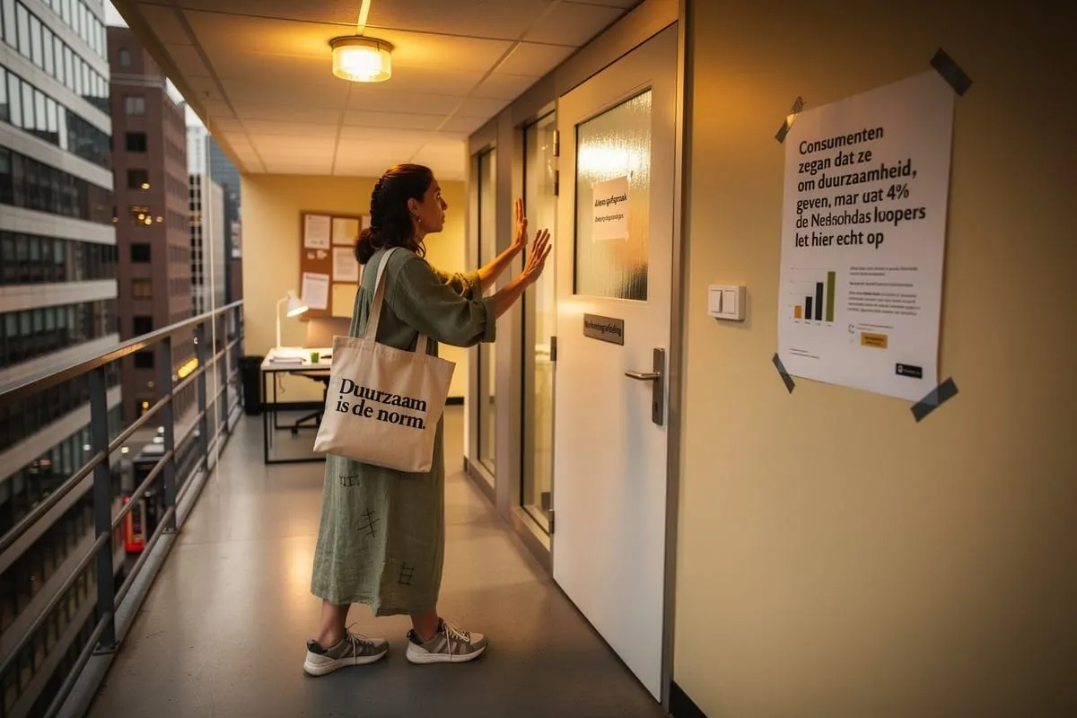 Vrouw met linnen tas klopt aan bij kantoor, poster met grafiek over duurzaamheid hangt aan de muur