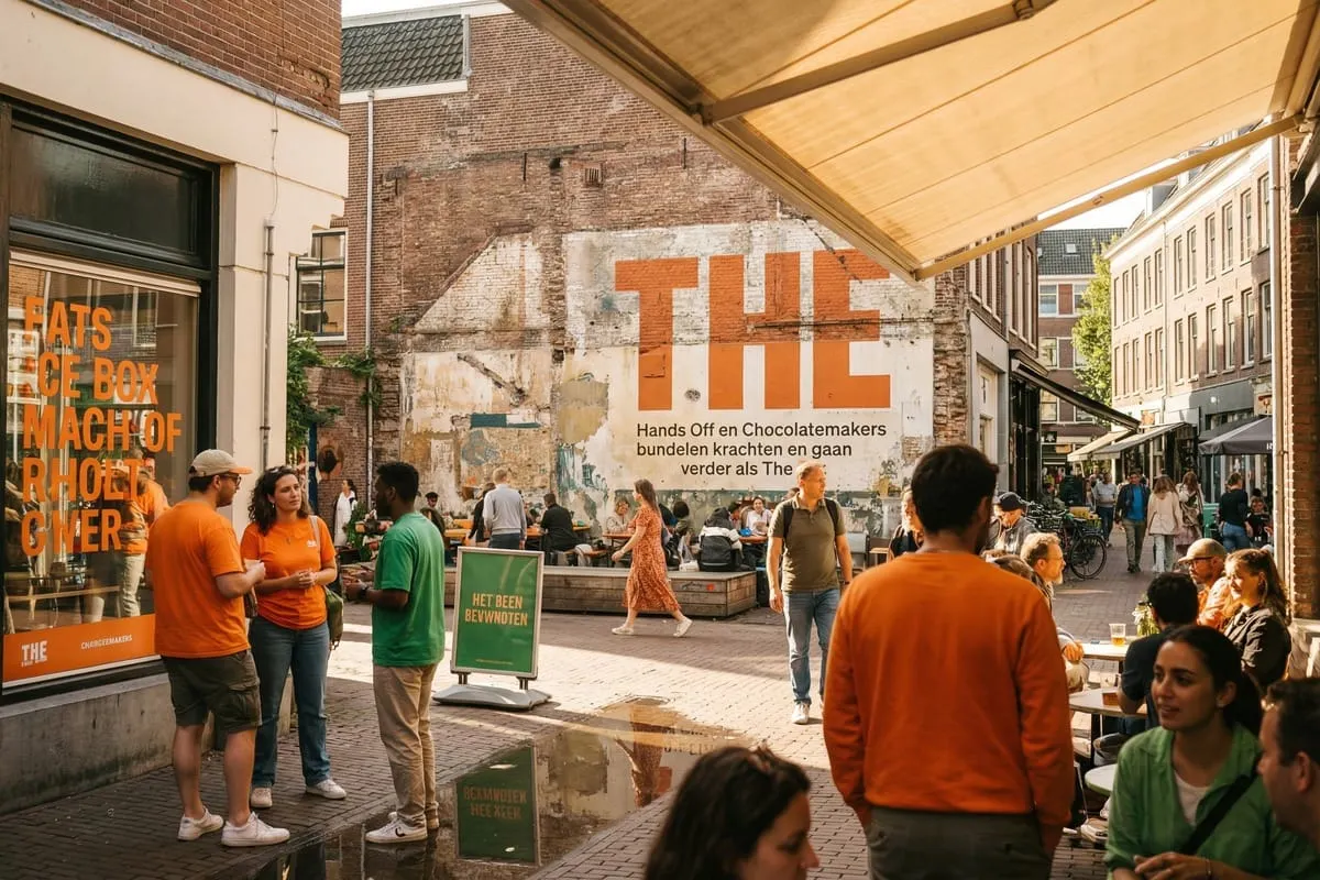 Terras met mensen voor bakstenen muur met groot 'THE' logo, oranje branding op winkelraam